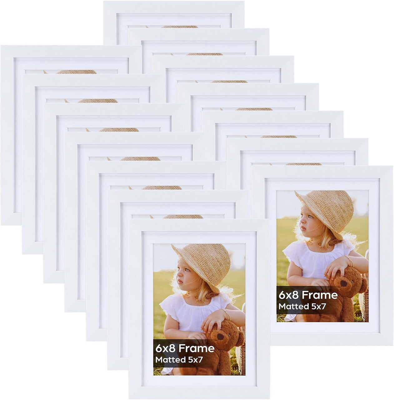 5x7 Picture Frame Set of 15, White Matted Photo Frames Bulk Pack, Display 5x7 with Mat or 6x8 Without Mat, MDF Wood Wall & Tabletop Picture Frames with Plexiglass for Gallery Wall Decor